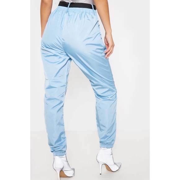 Dusty Blue Shell Reflective Tape Belt Detail Joggers Parachute Pants - Picture 2 of 5